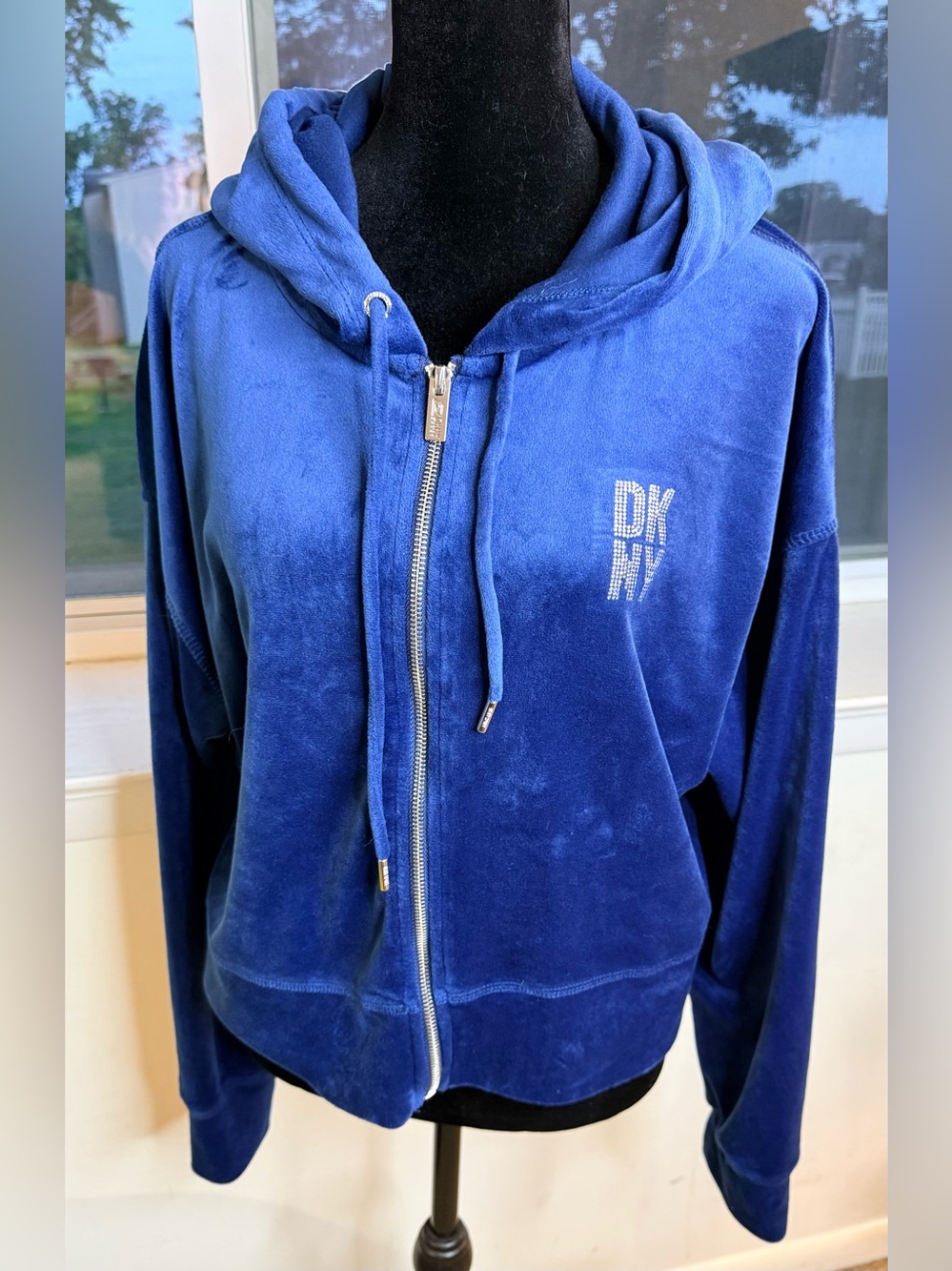 DKNY blue velour track suit zip up hoodie jacket McBling Y2K pockets large
